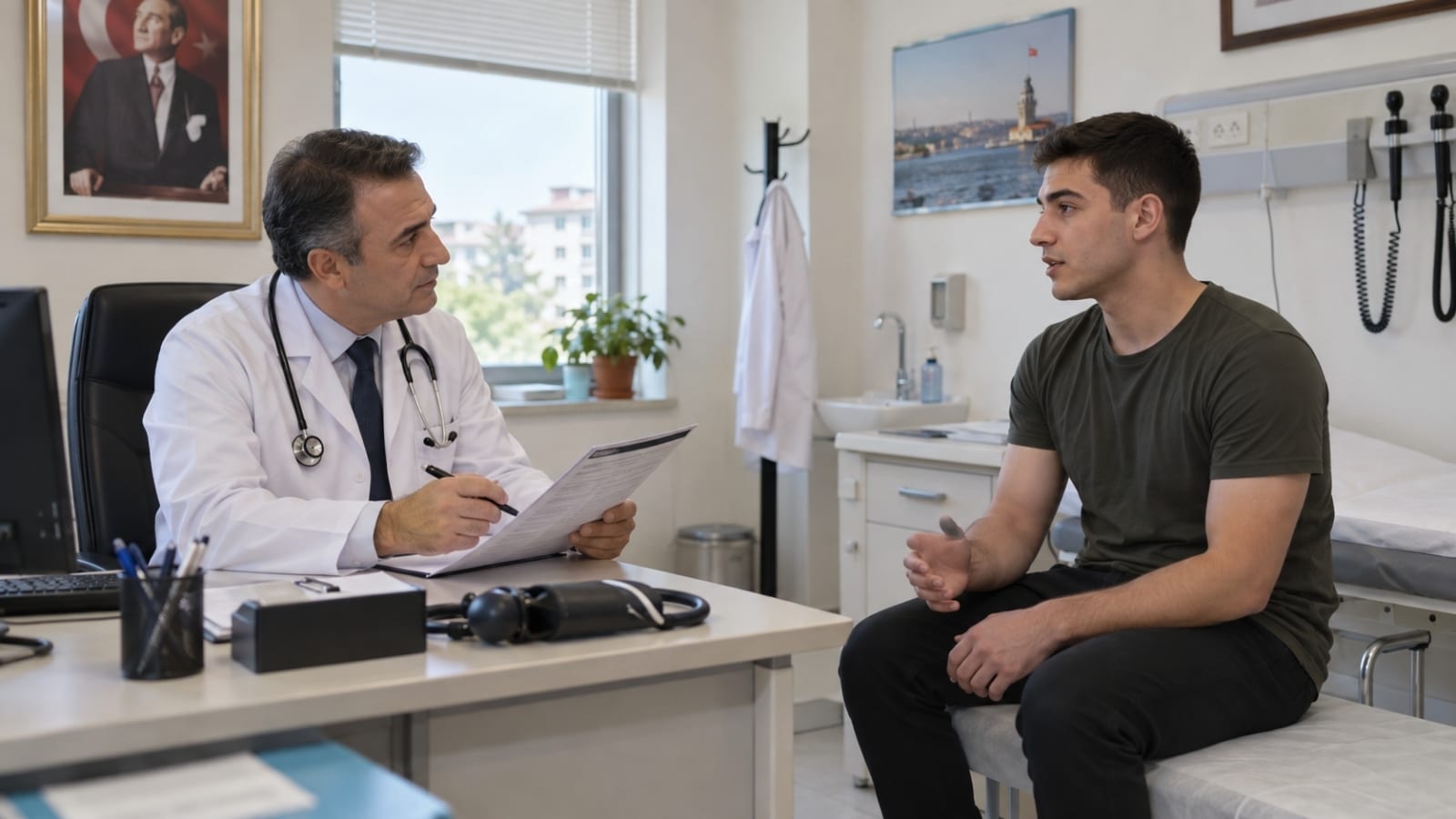 Aile hekimi odasında genç adayla askerlik ön sağlık muayenesi hakkında görüşen doktor sahnesi.