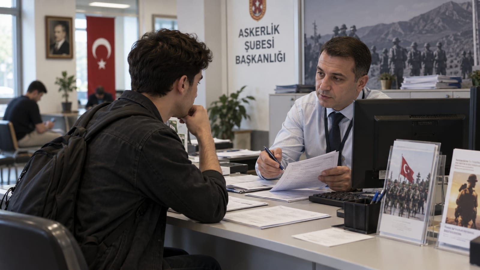 Şehir dışındayken askerlik şubesine giderek yoklama ve sağlık muayenesi işlemleri hakkında bilgi alan yükümlü.