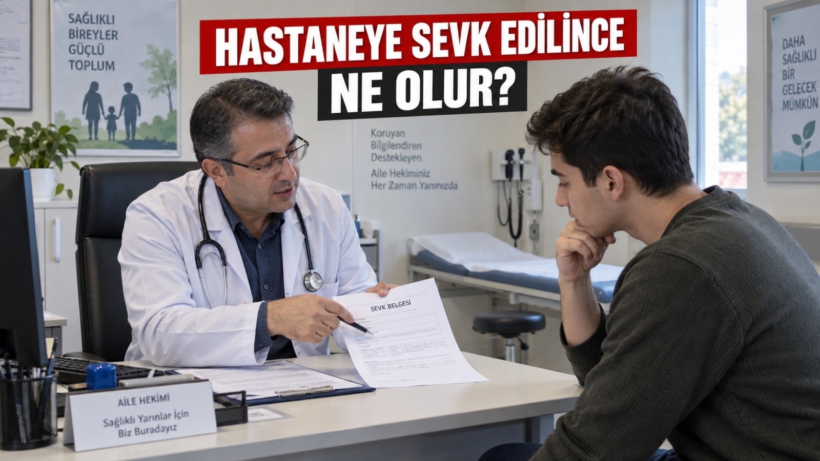 Aile hekimliği muayenesinde doktorun askerlik sağlık süreci hakkında sevk belgesi üzerinden bilgilendirme yaptığı sahne.
