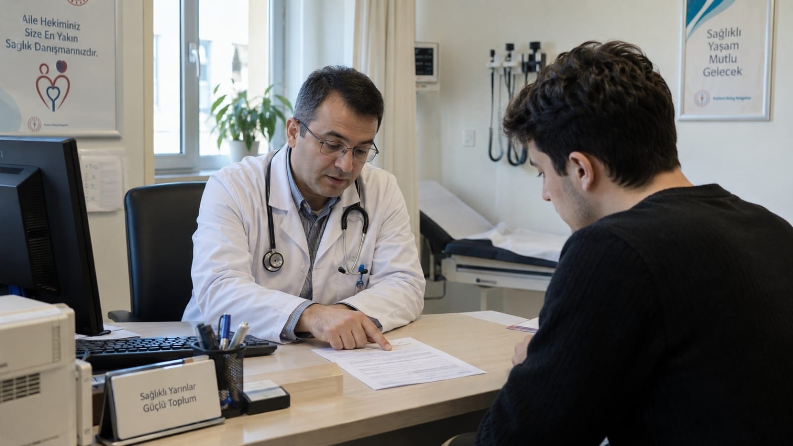 Aile hekimi kaydı ve askerlik sağlık muayenesi süreci hakkında doktorla görüşen yükümlü.