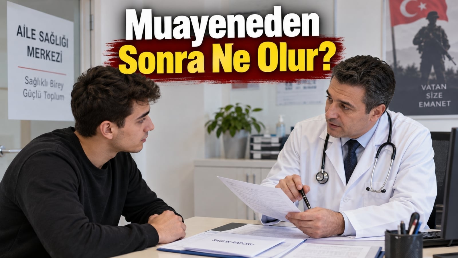 Askerlik sağlık muayenesinden sonra rapor, şube onayı ve hizmet tercihi sürecini simgeleyen bilgilendirici kapak sahnesi.