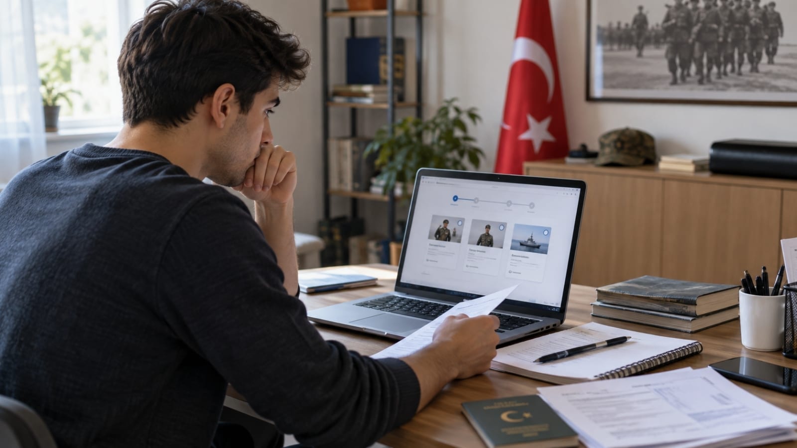 Masada askerlik evrakları ve sağlık raporlarıyla hizmet tercihi öncesindeki onay sürecini temsil eden düzenli çalışma alanı.