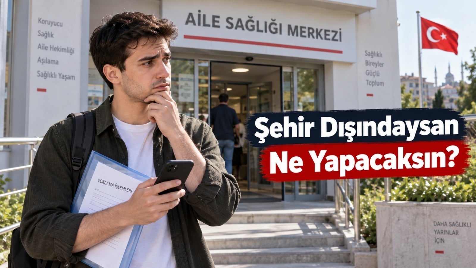 Şehir dışında bulunan yükümlünün askerlik muayenesi için aile sağlığı merkezine başvuru sürecini düşündüğü sahne.