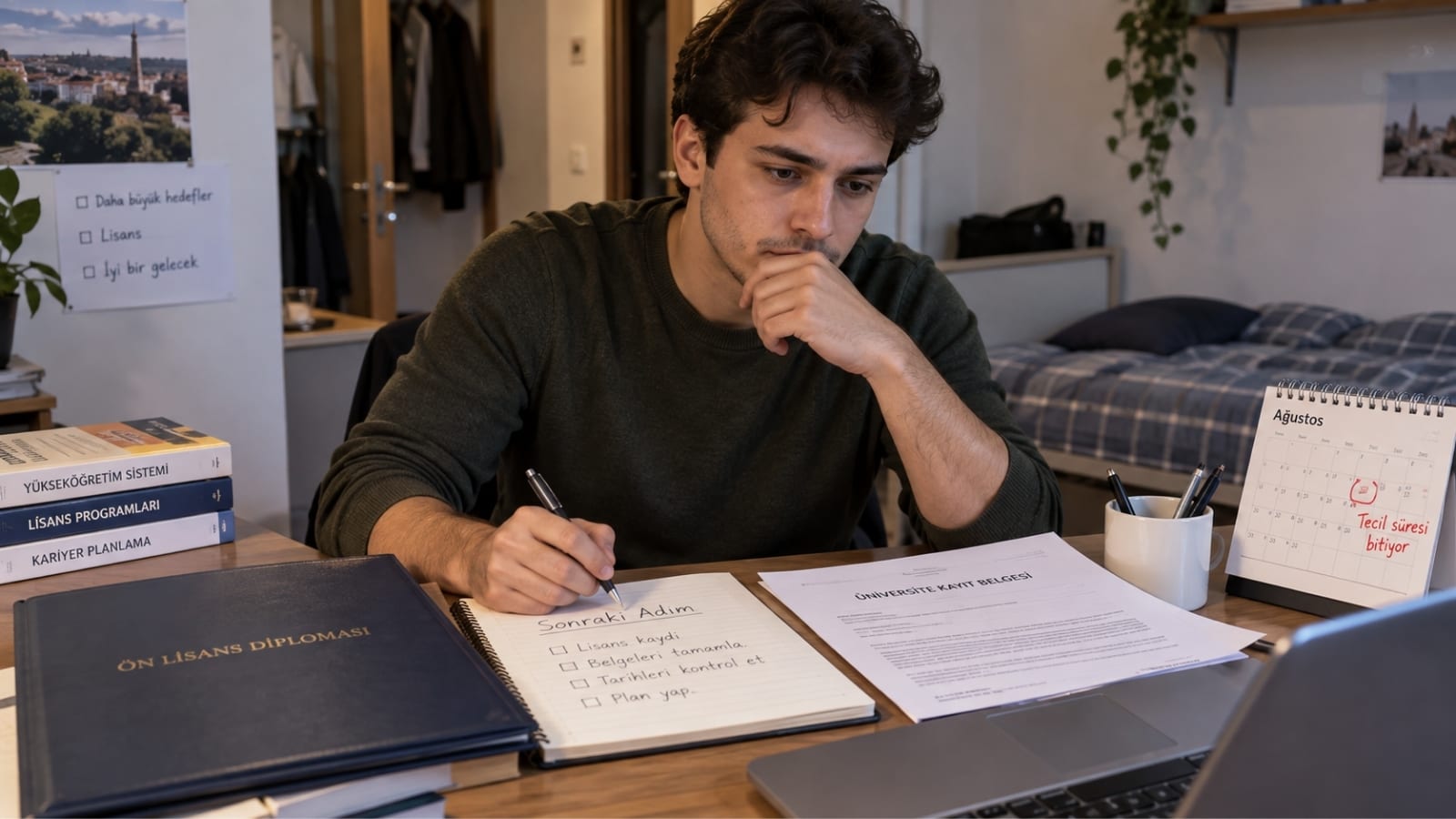 Ön lisans diploması, lisans kayıt belgesi ve yaklaşan tecil bitiş tarihini gösteren takvimle geçiş sürecini planlayan mezun.