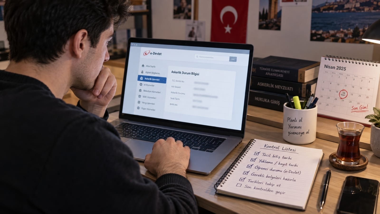 e-Devlet üzerinden askerlik durumunu ve tecil bitiş tarihini kontrol ederken tarihleri not alan genç.