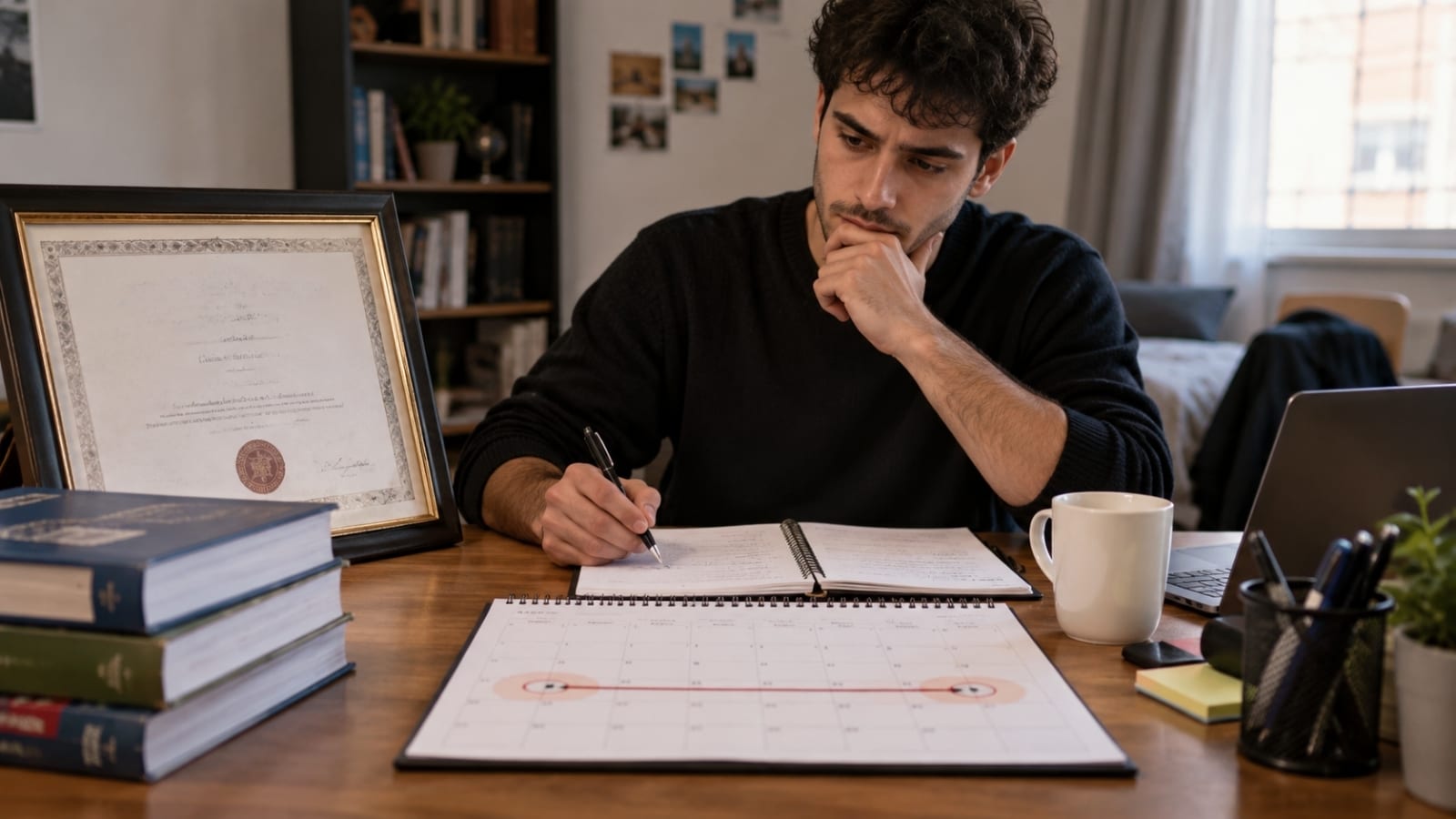 Diploma, not defteri ve takvim eşliğinde mezuniyet sonrası tecil süresini hesaplayan genç.