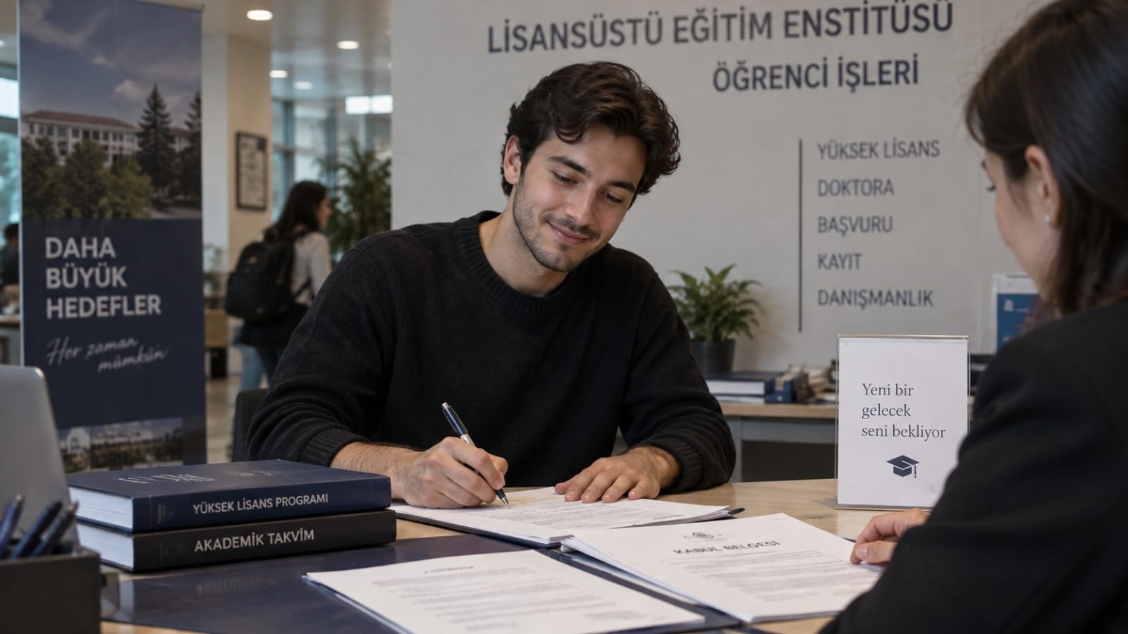 Lisans mezuniyetinin ardından yüksek lisansa kayıt yaptırarak eğitimine devam eden öğrencinin lisansüstü öğrenci işleri başvuru sahnesi.