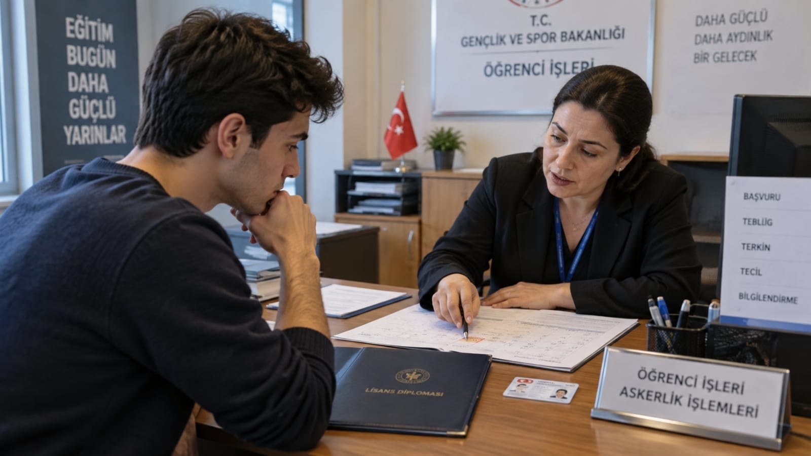 Lisans ve yüksek lisans belgelerini karşılaştırarak eğitim planı ile askerlik erteleme süresini değerlendiren genç mezun.