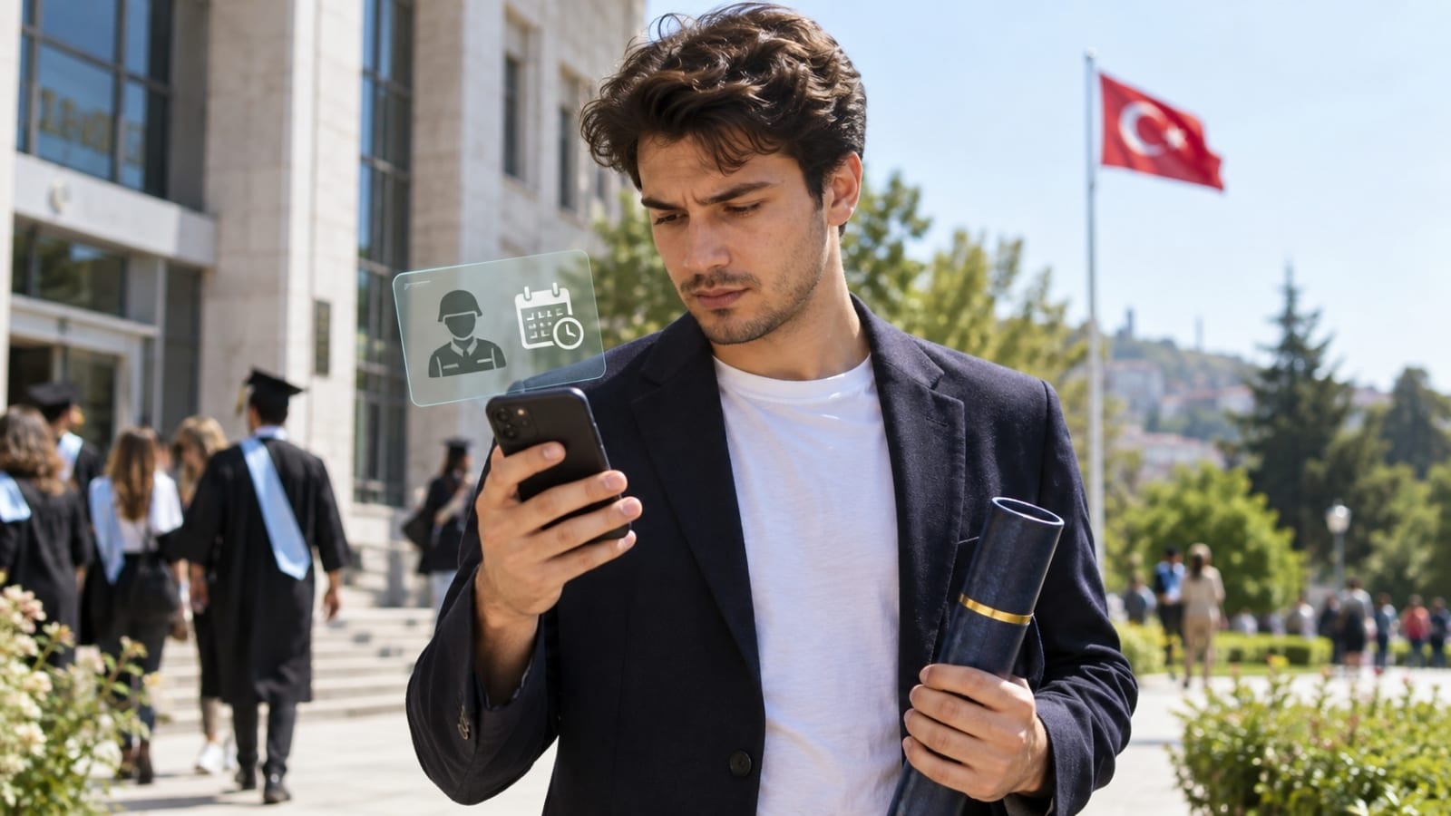 Mezuniyet töreni sonrasında diplomasını taşırken telefonundan askerlik durumunu kontrol eden üniversite mezunu.