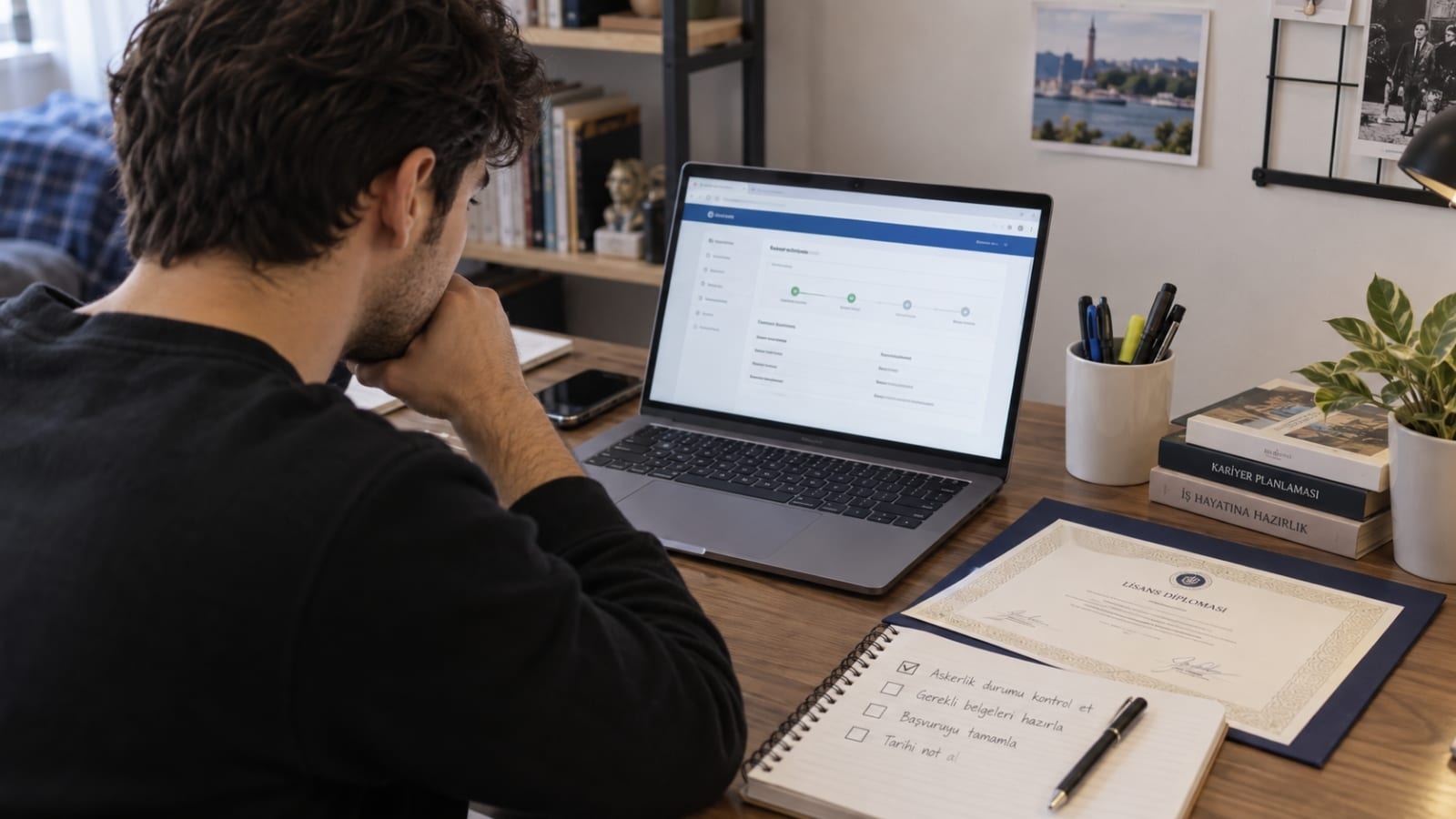 Laptop üzerinden askerlik durumunu kontrol ederken mezuniyet belgesi ve başvuru notlarını inceleyen öğrenci.