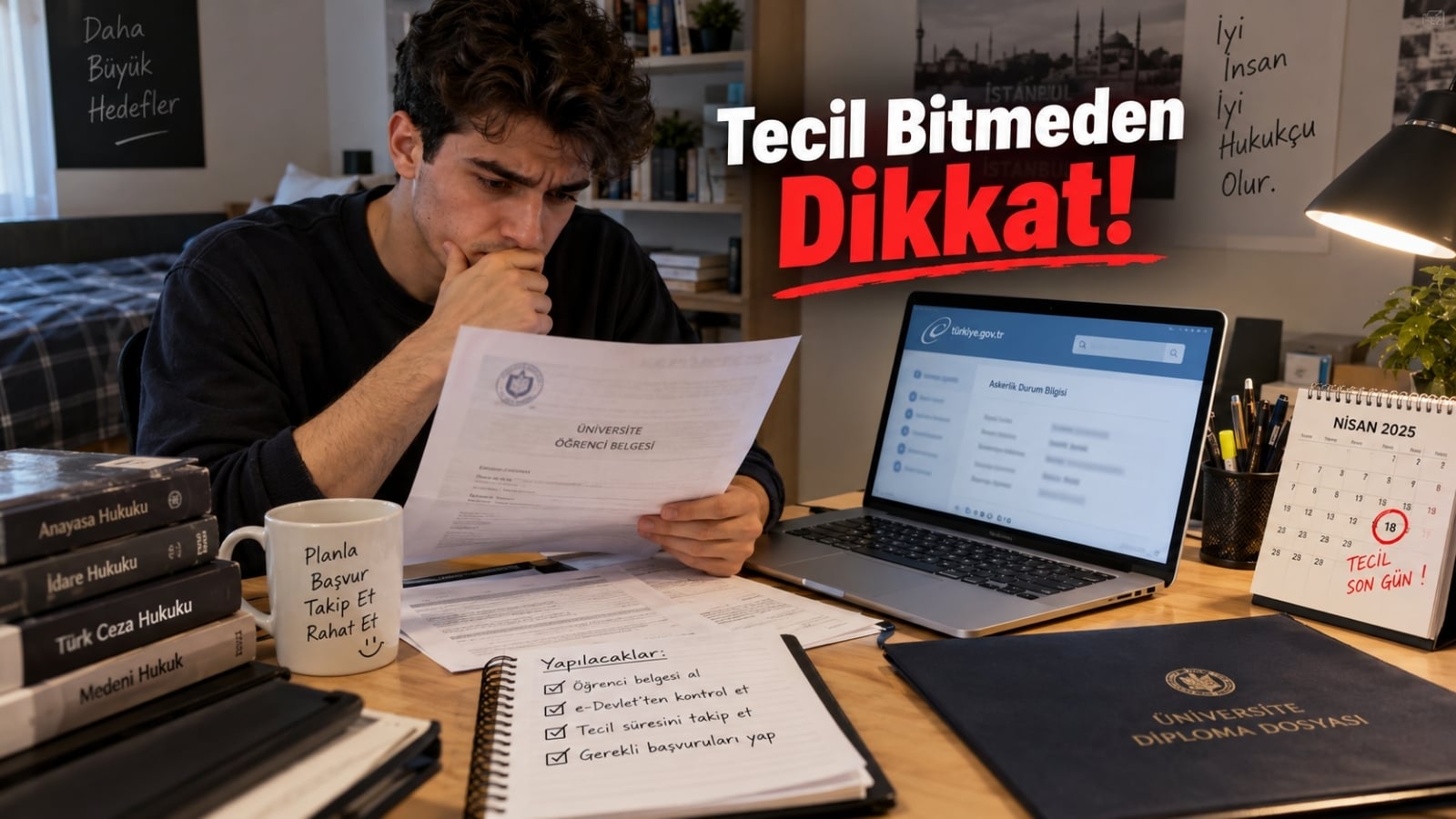 Üniversite kayıt belgeleri ve takvimle tecil süresinin bitişini kontrol eden genç.