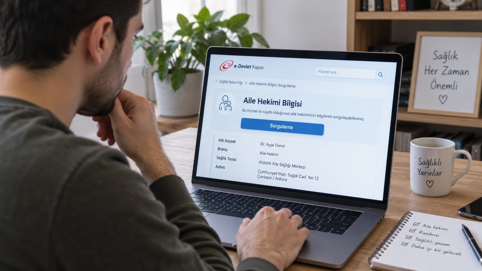 Bilgisayar ekranında e-Devlet üzerinden aile hekimi bilgisini kontrol eden askerlik yoklaması adayı.