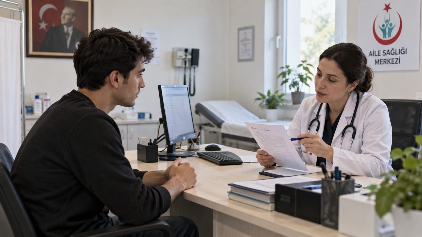 Sağlık bilgileri sürecine uygun olarak doktorla görüşen asker adayının, muayene ve sağlık beyanı aşamasında bilgi verdiği klinik sahne.