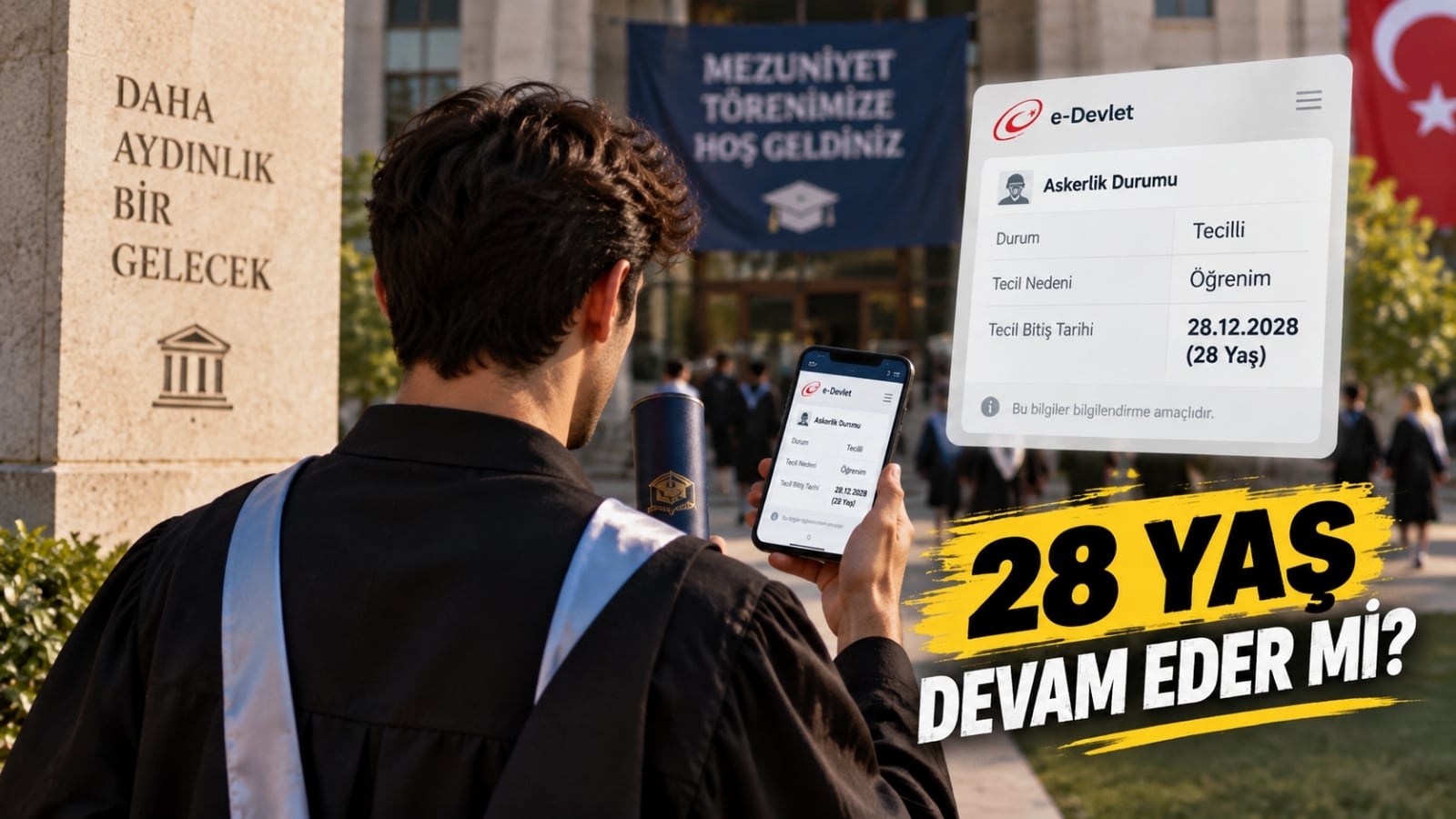 Üniversite kampüsünde telefonundan askerlik durumunu kontrol ederken mezuniyet belgesini taşıyan öğrenci.