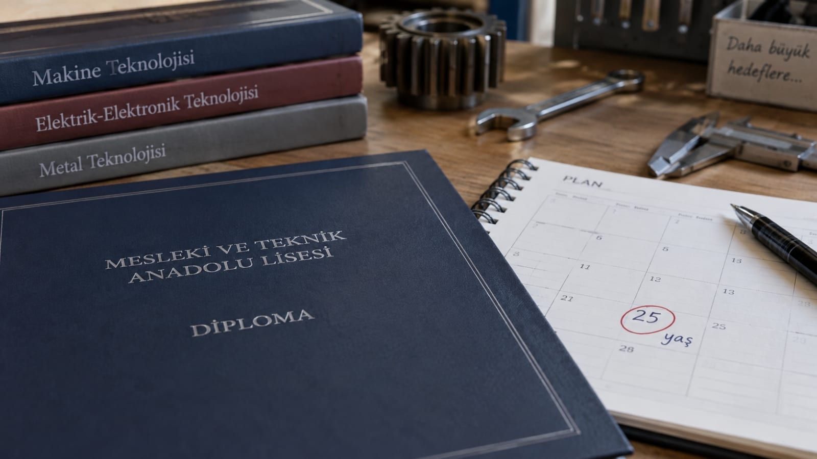 Mesleki ve teknik lise diploması ile 25 yaş sınırının işaretlendiği plan defteri aynı masa üzerinde görülüyor.