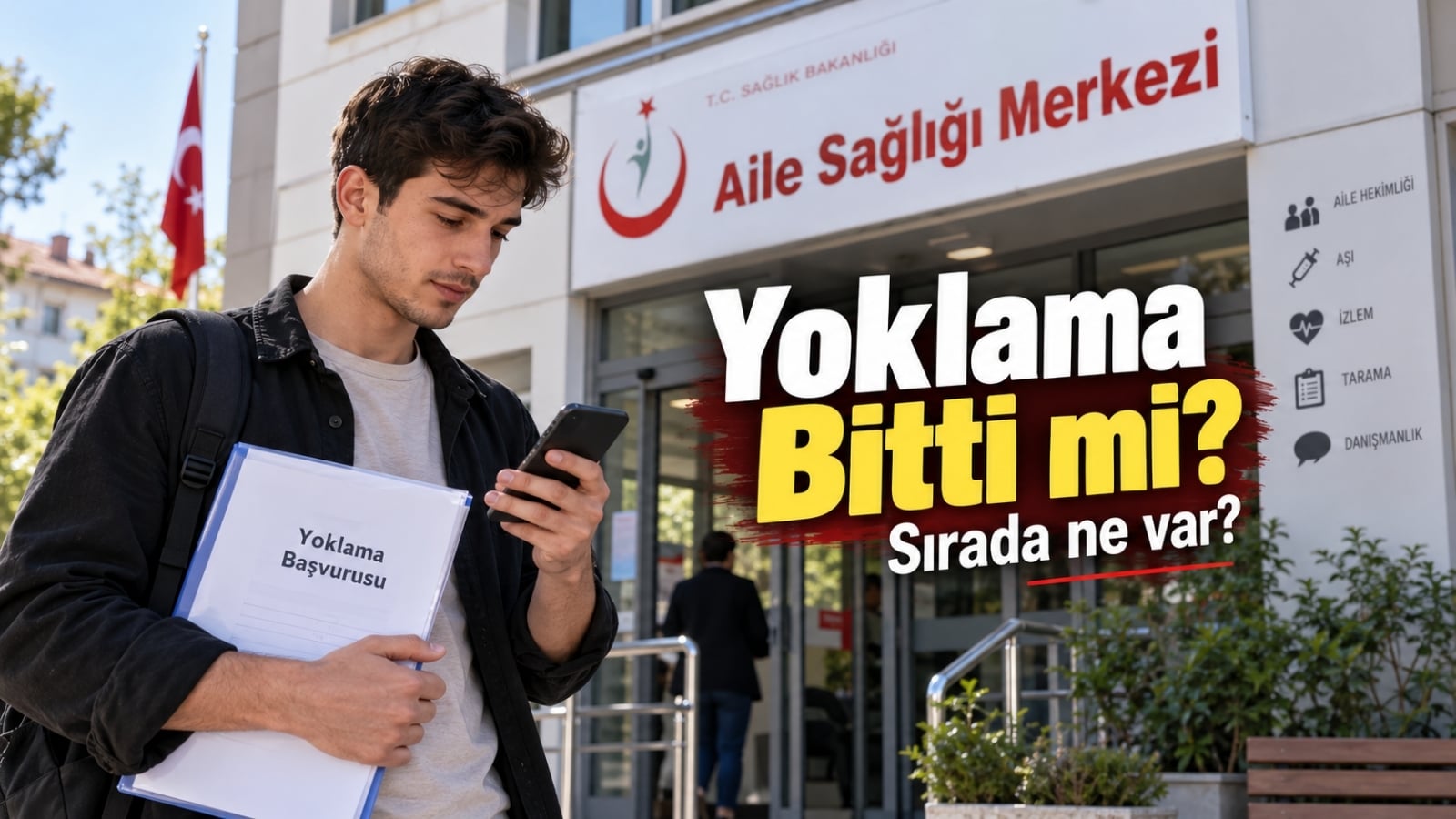 Aile sağlığı merkezi önünde telefonundan yoklama sürecini kontrol eden ve başvuru evraklarını taşıyan askerlik yükümlüsü.