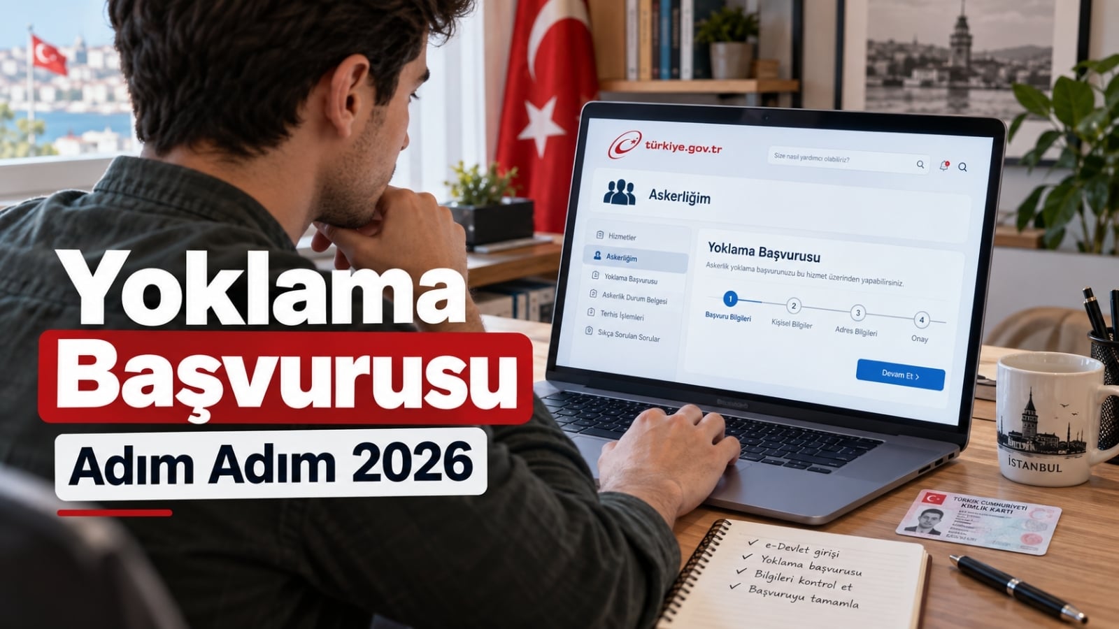 E-Devlet üzerinden askerlik yoklama başvurusu yapan genç adayın, bilgisayar başında başvuru adımlarını incelediği rehber kapak görseli.