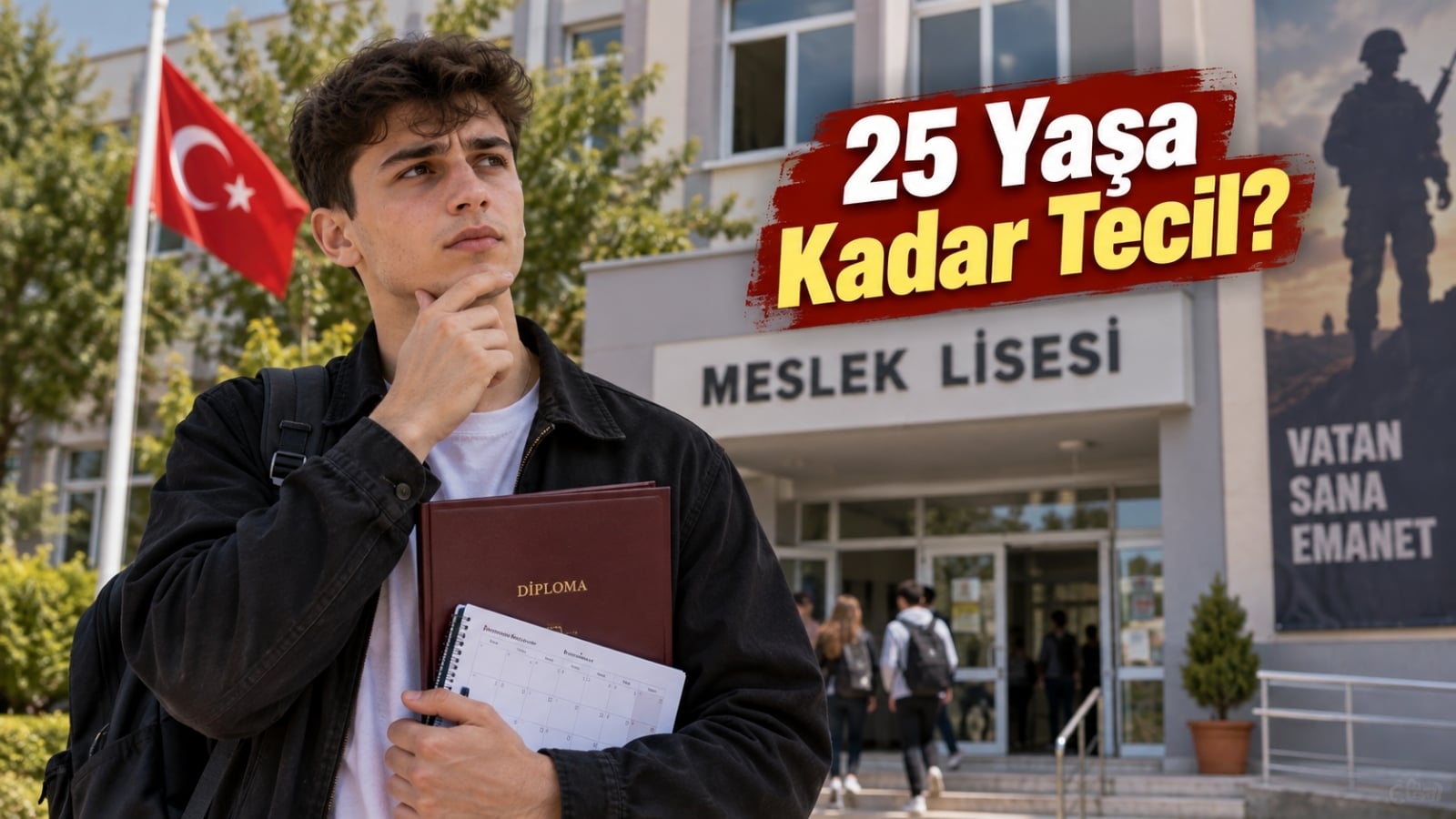 Meslek lisesi binası önünde diploma ve not defteriyle askerlik tecil süresini düşünen genç.