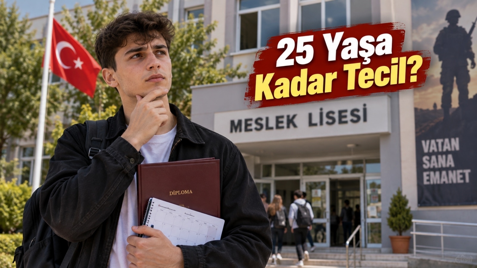 Meslek lisesi binası önünde diploma ve not defteriyle askerlik tecil süresini düşünen genç.
