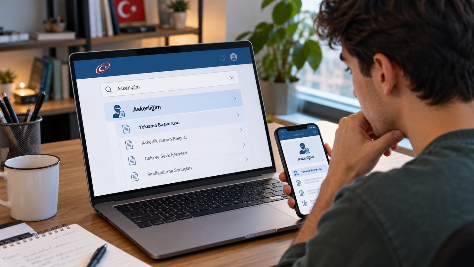 Bilgisayar başında askerlik işlemleri ekranını inceleyen adayın, E-Devlet’te yoklama başvurusu hizmetini aradığı dijital başvuru sahnesi.
