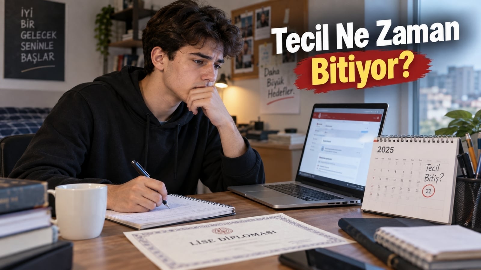 Masa başında laptop, lise diploması ve takvimle tecil süresini hesaplamaya çalışan genç.