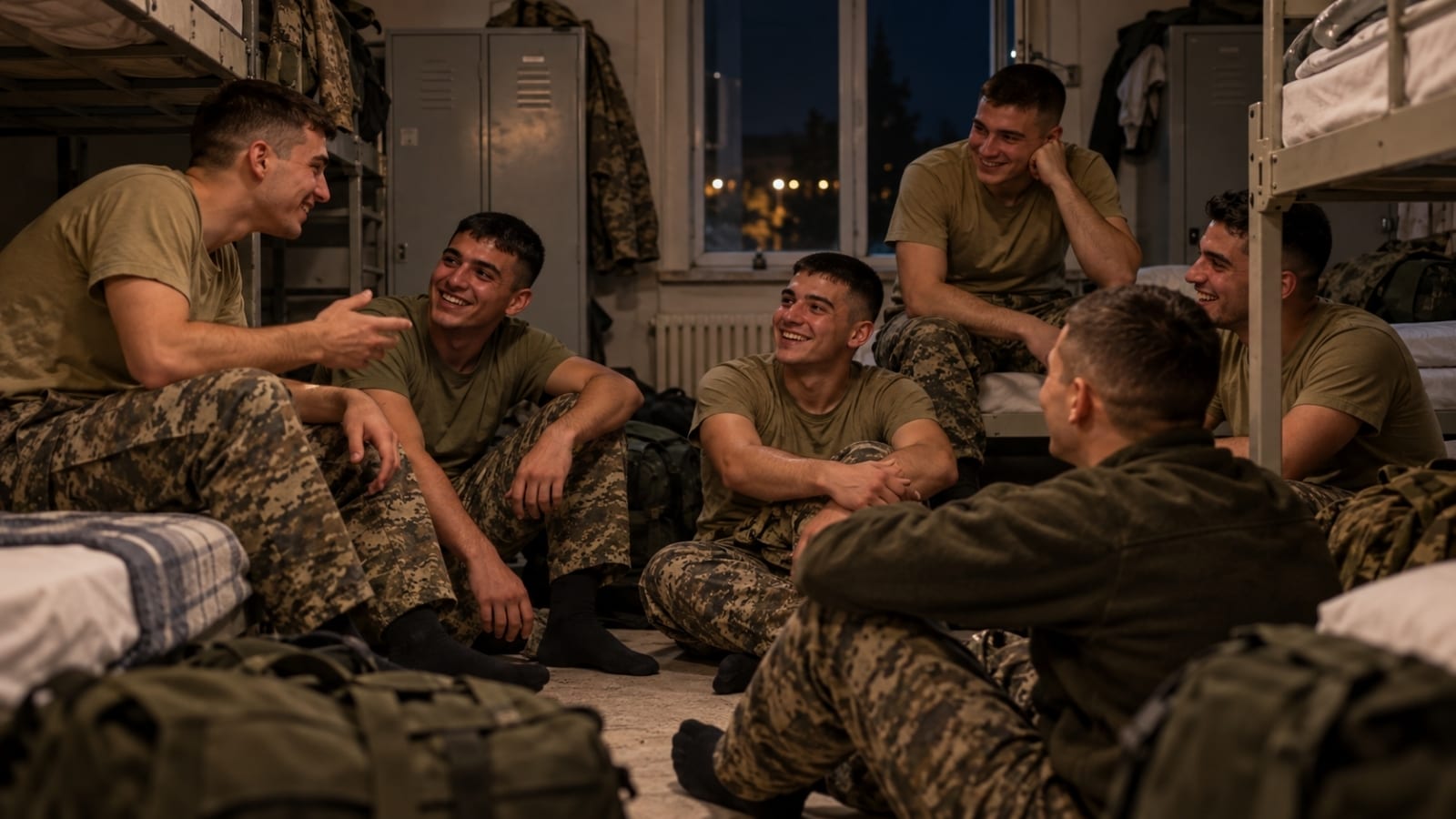 Terhisten önceki son gece koğuşta birlikte oturup sohbet eden ve gülen asker arkadaşları.