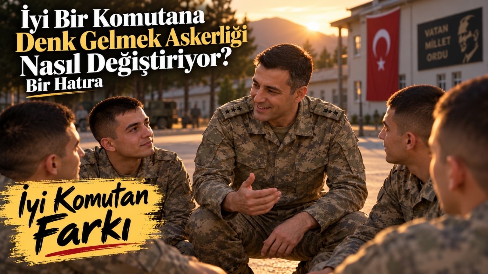 Gün batımında kışla avlusunda rütbeli komutanın çevresinde toplanmış rütbesiz askerlerle sıcak bir sohbet sahnesi.