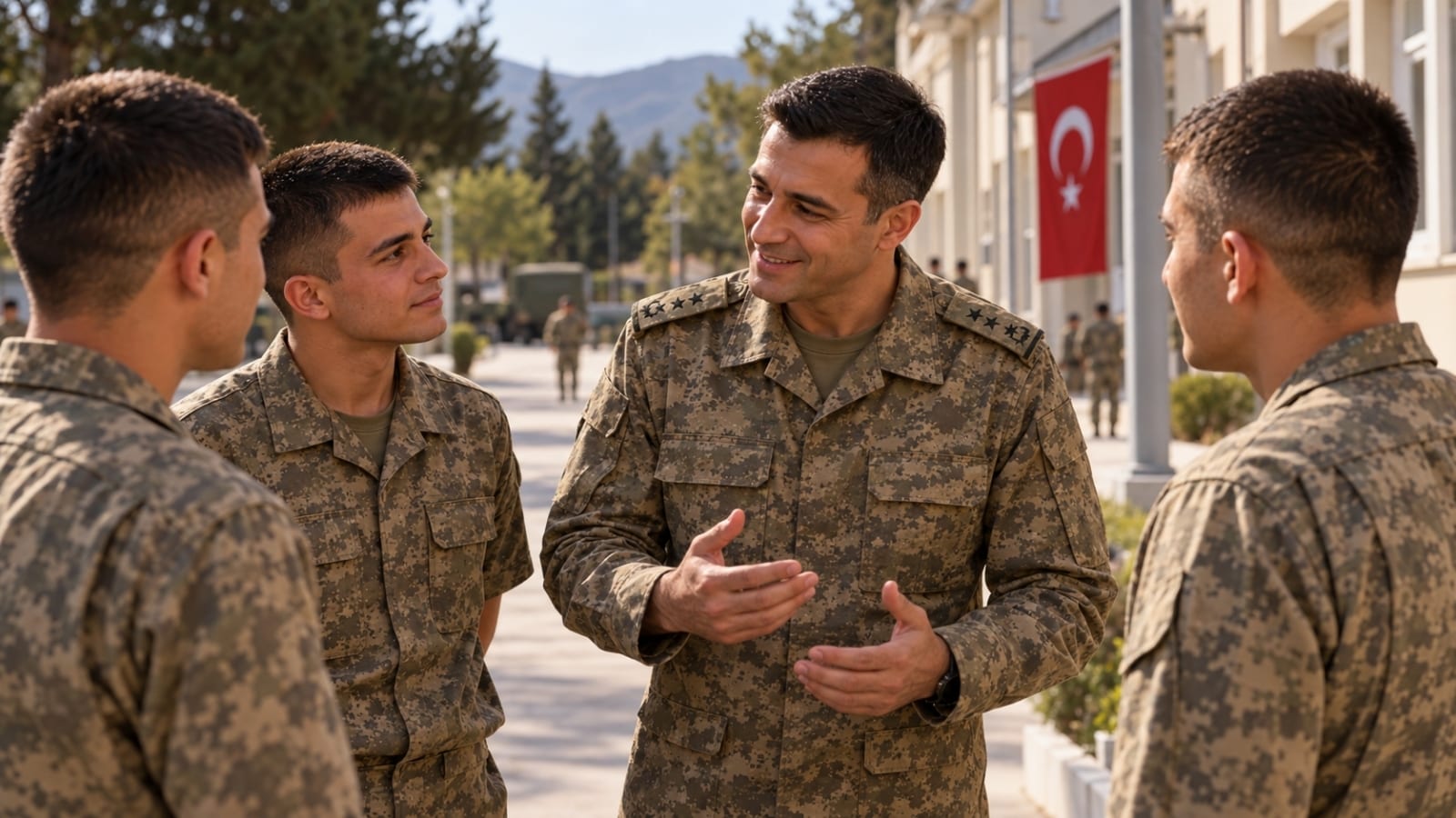 Kışla içinde üç rütbesiz askerle konuşan subayın saygılı ve yakın iletişimini gösteren askerî sohbet anı.
