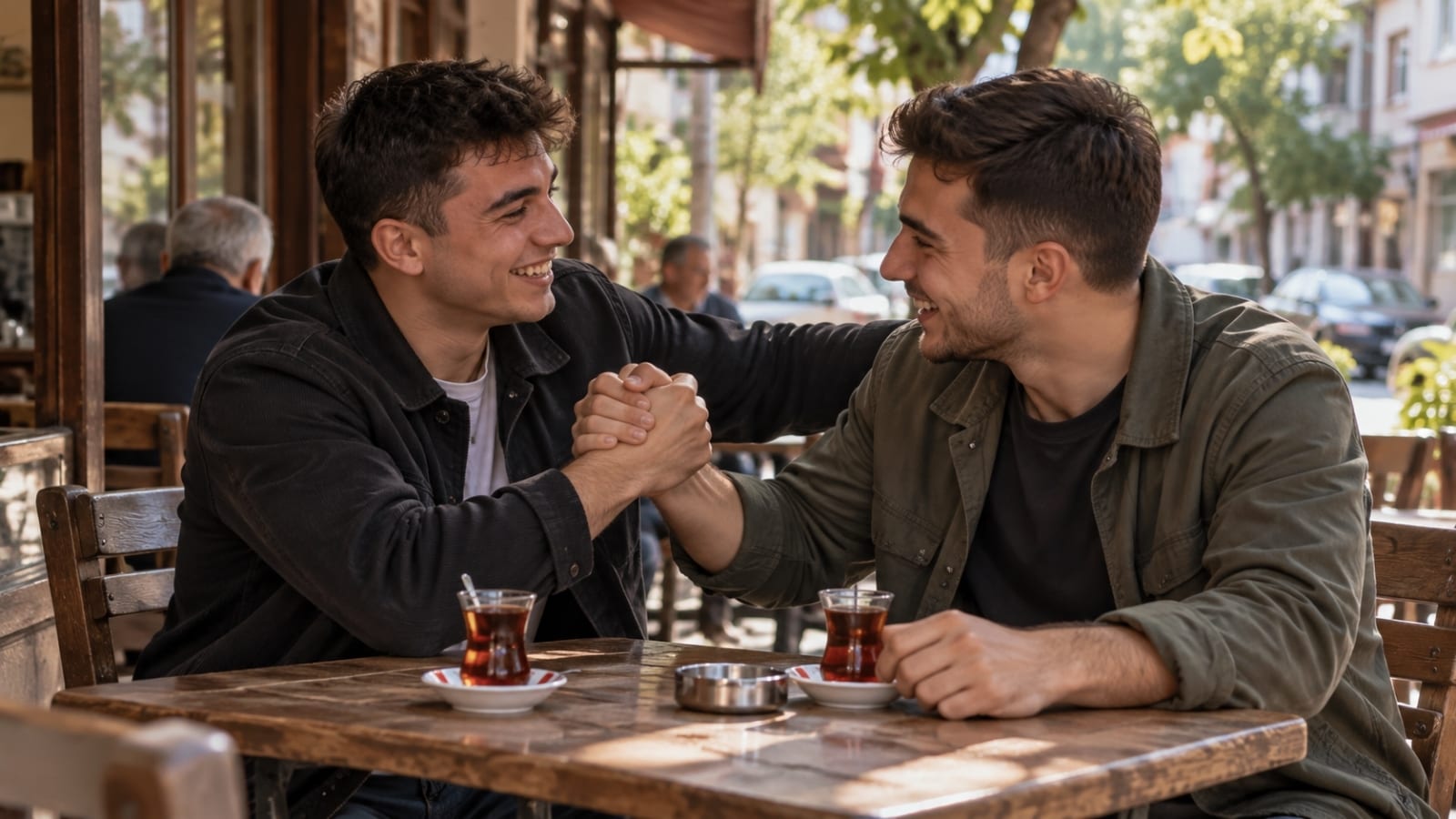 Terhis sonrasında mahallede yeniden buluşup sohbet eden iki askerlik arkadaşı.