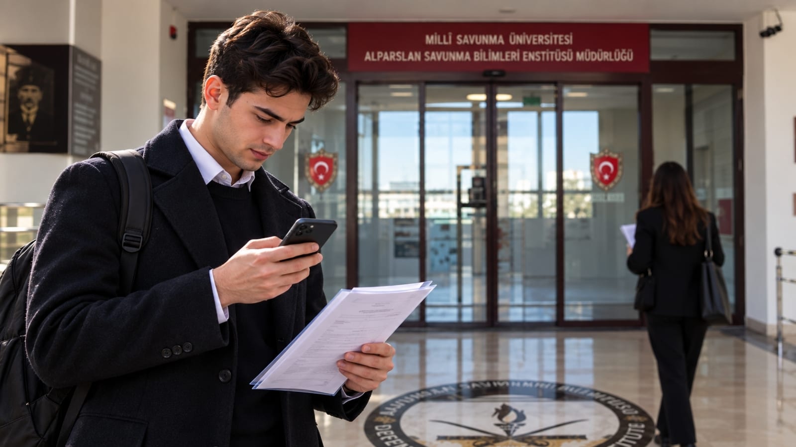 Enstitü binası girişinde telefonundan resmî duyuru ve mülakat sonucunu kontrol eden aday.