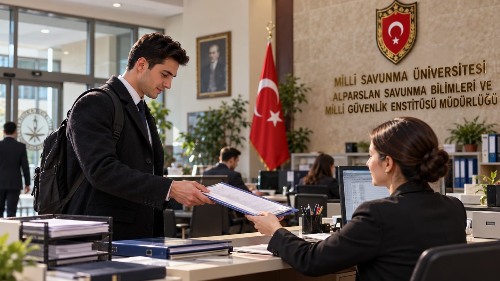 MSÜ Alparslan Enstitüsünde kayıt ve belge işlemleri için evraklarını görevliye teslim eden aday.