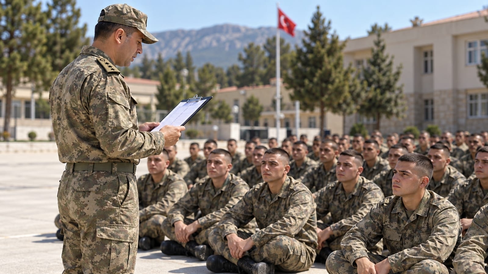 İçtima alanında oturan acemi askerlere usta birliği görev yerlerini listeden okuyan rütbeli personel.