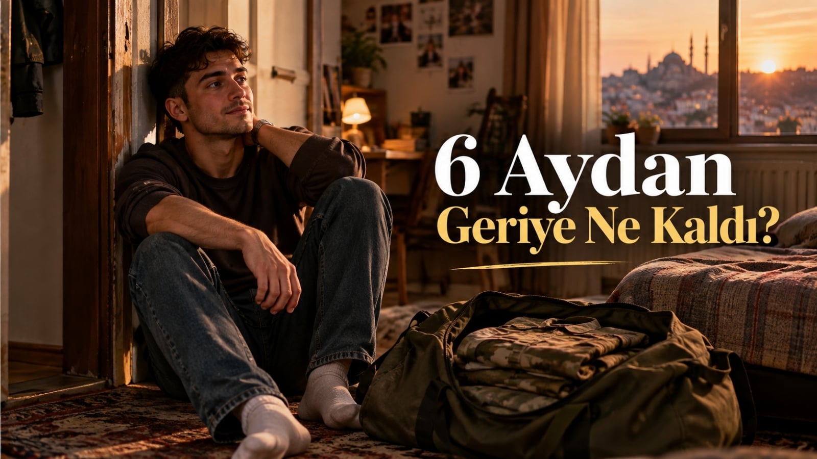 Eve döndükten sonra odasında askerî eşyalarının yanında oturup geride kalan altı ayı düşünen genç.