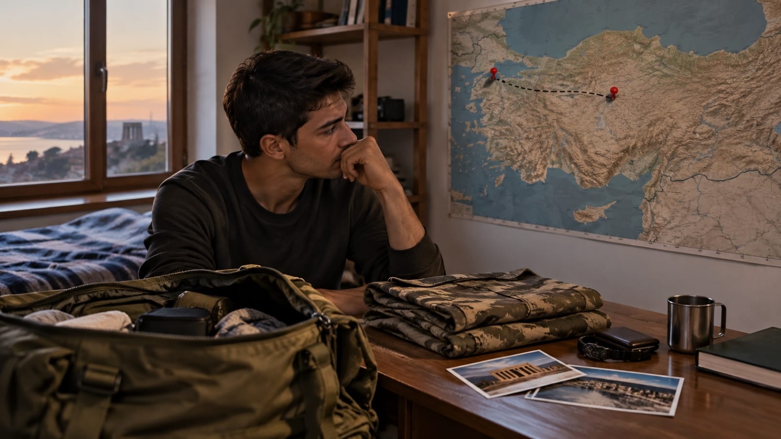 Askerî eşyalarının yanında Türkiye haritasındaki iki farklı görev yerini düşünerek askerlik dönemini hatırlayan genç.