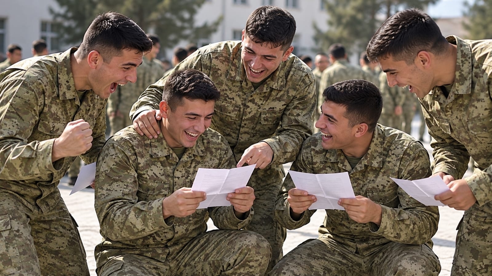 Usta birliklerini öğrendikten sonra sonuç kâğıtlarını karşılaştırıp sevinçlerini paylaşan askerler.
