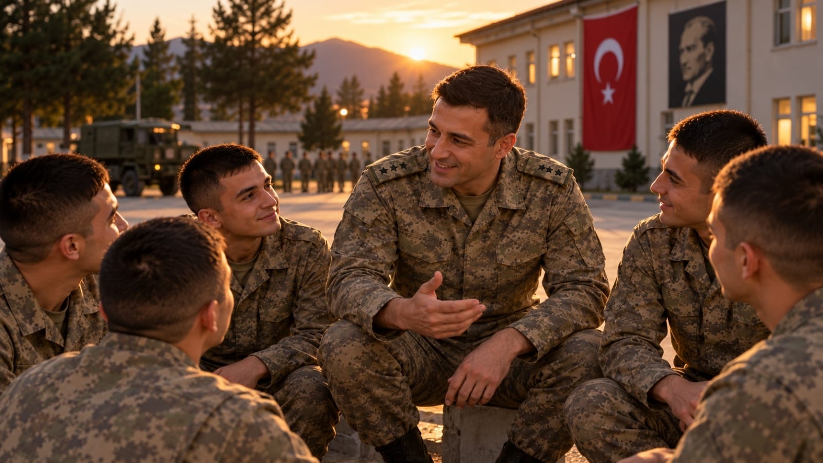 Akşam saatlerinde kışlada komutanını dikkatle dinleyen rütbesiz askerlerin samimi içtima sonrası sohbeti.
